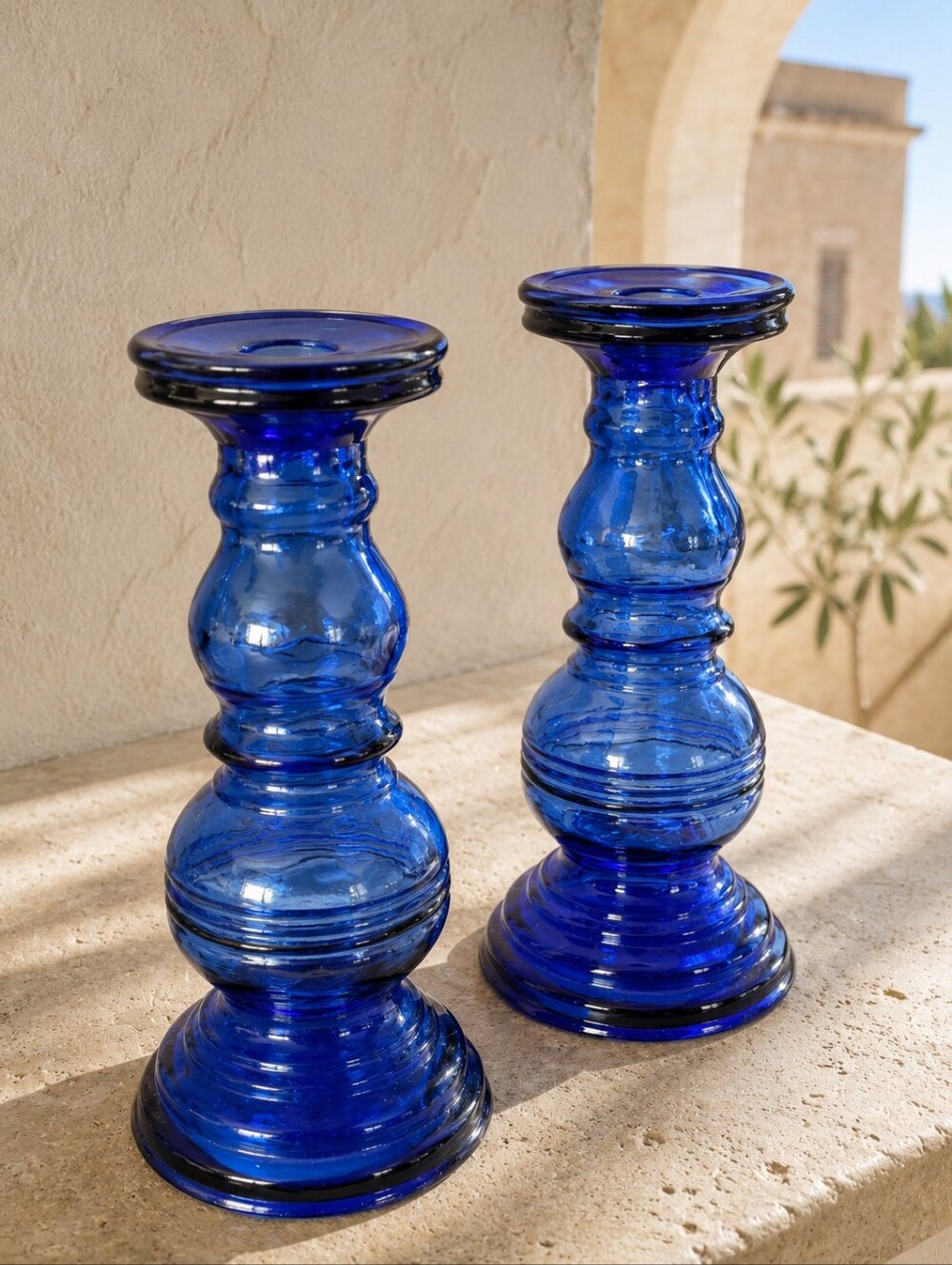 Vintage Spanish Cobalt Blue Recycled Glass Candlesticks Pair 7.5"